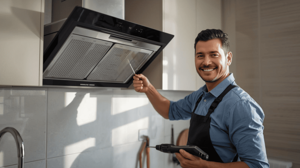 Häfele chimney repair technician servicing modern kitchen chimney
