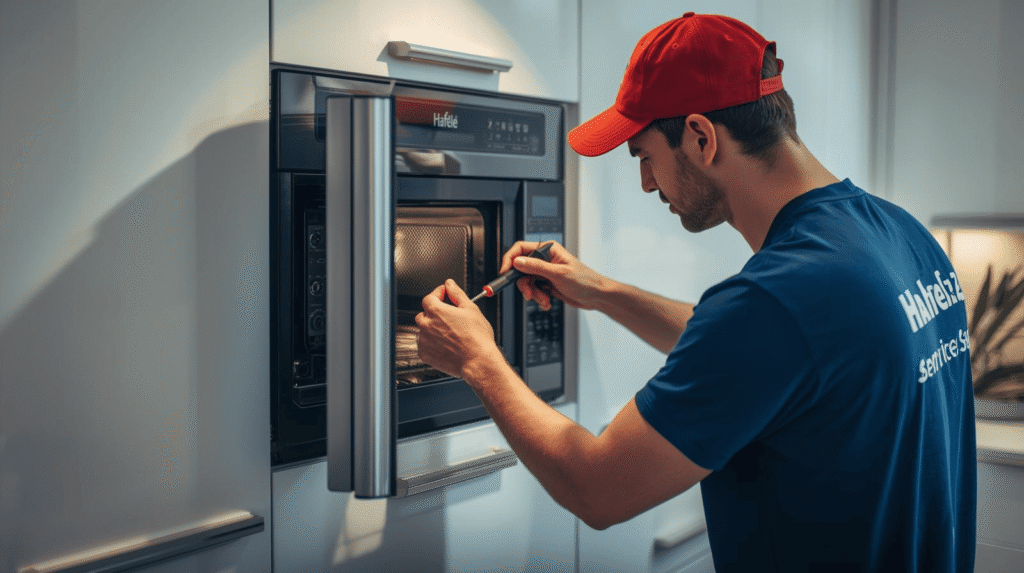 Häfele microwave repair technician fixing built-in unit
