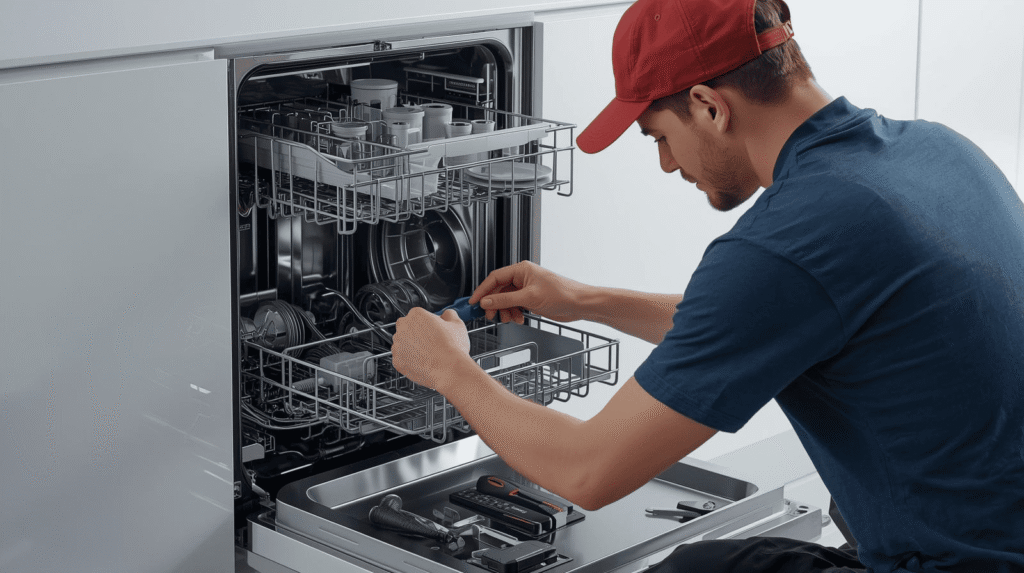 Häfele dishwasher repair technician inspecting appliance