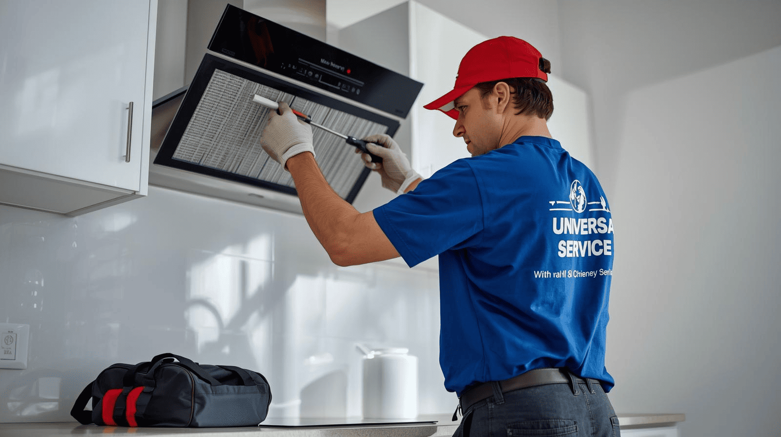 Professional technician repairing a Häfele built-in oven in a modern kitchen.