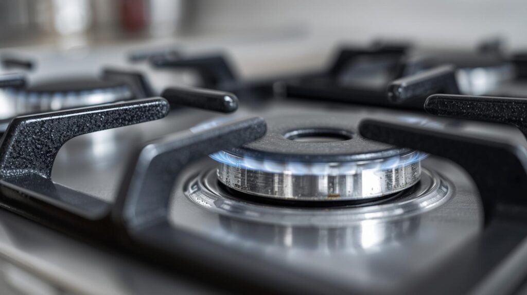 Close-up of clean gas hob burners and ignition system in modular kitchen