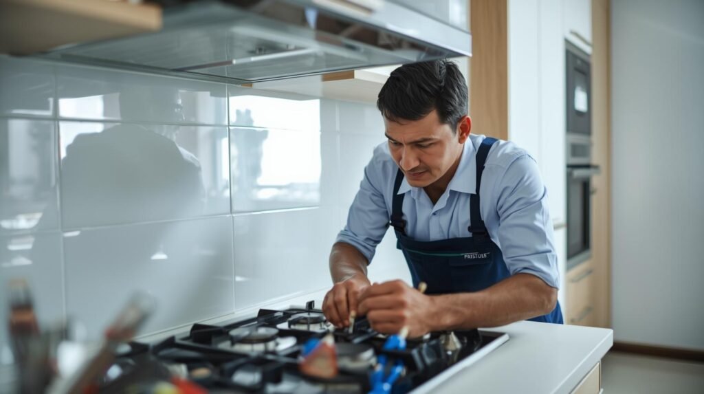 Modern clean modular Indian kitchen with built-in gas hob