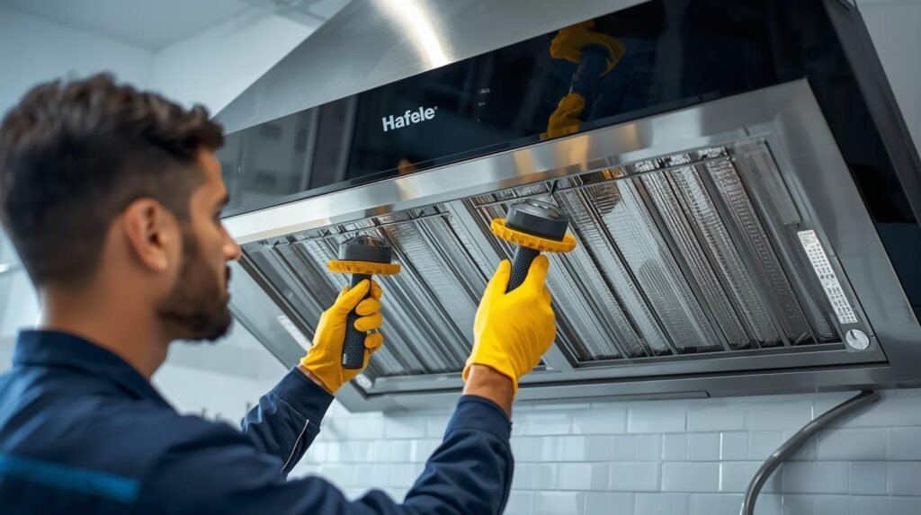 Hafele chimney repair technician servicing chimney in modern Indian kitchen