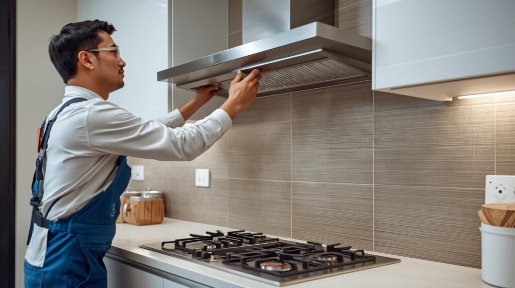 Hafele chimney repair technician servicing chimney in modern Indian kitchen