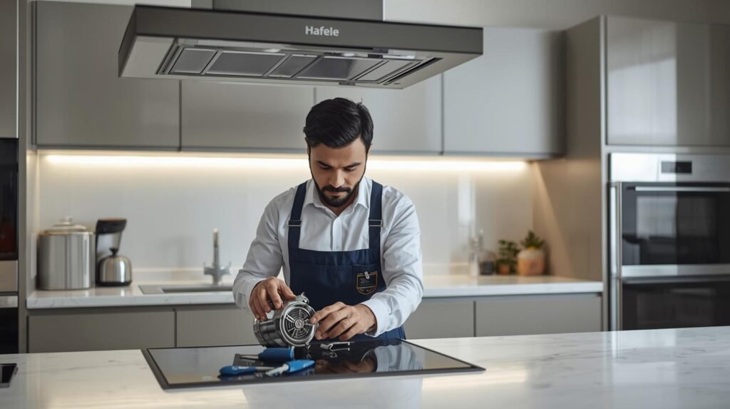 Hafele chimney repair technician servicing chimney in modern Indian kitchen