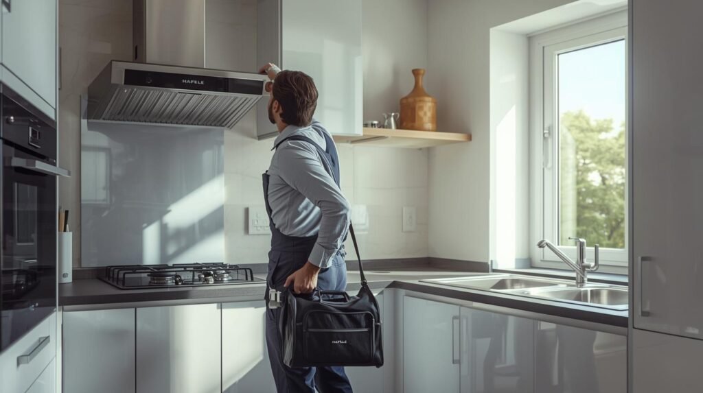 Hafele chimney repair technician servicing chimney in modern Indian kitchen