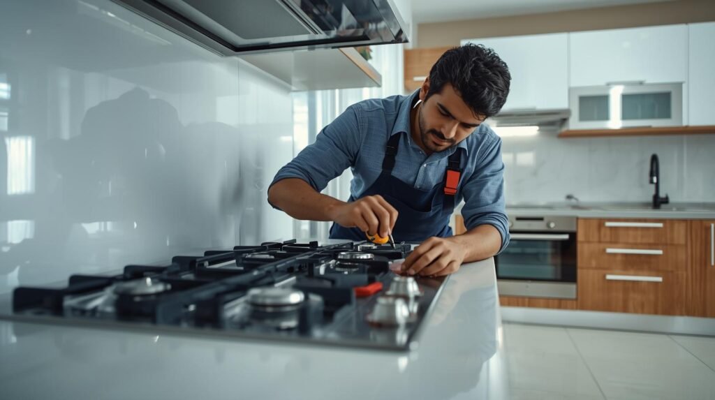 Technician repairing in-built gas hob in a clean modular Indian kitchen