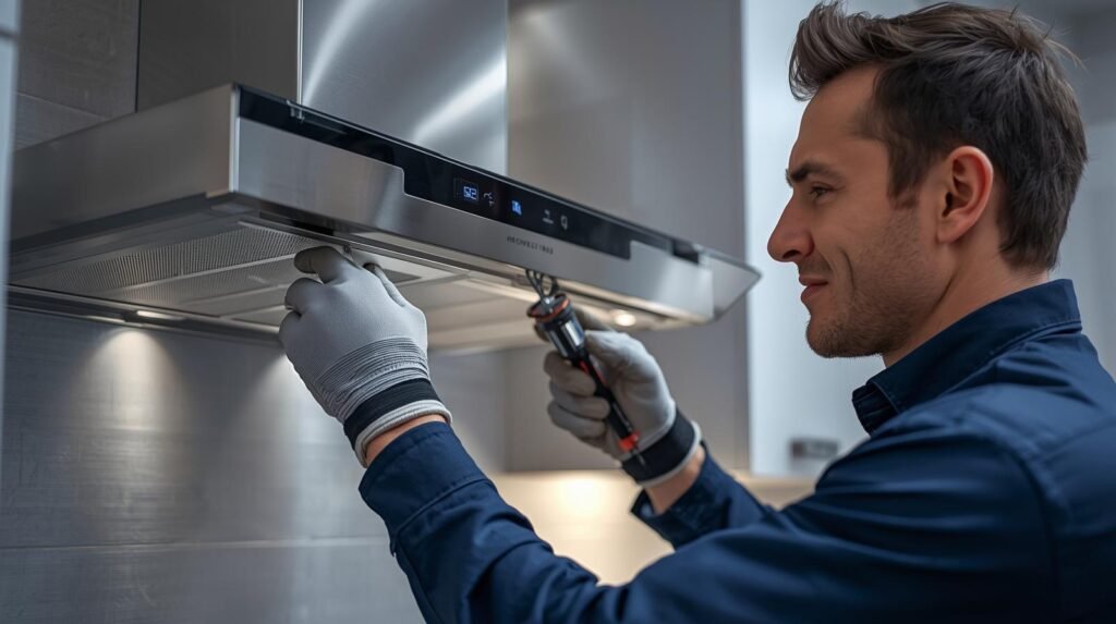 Hafele chimney repair technician servicing chimney in modern Indian kitchen