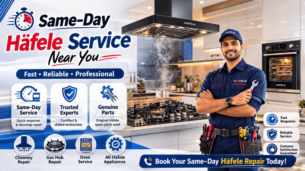 Same-day Häfele appliance repair service banner with technician in modern kitchen repairing chimney hob and oven