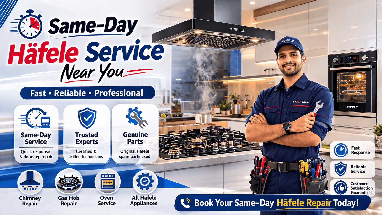 Same-day Häfele appliance repair service banner with technician in modern kitchen repairing chimney hob and oven