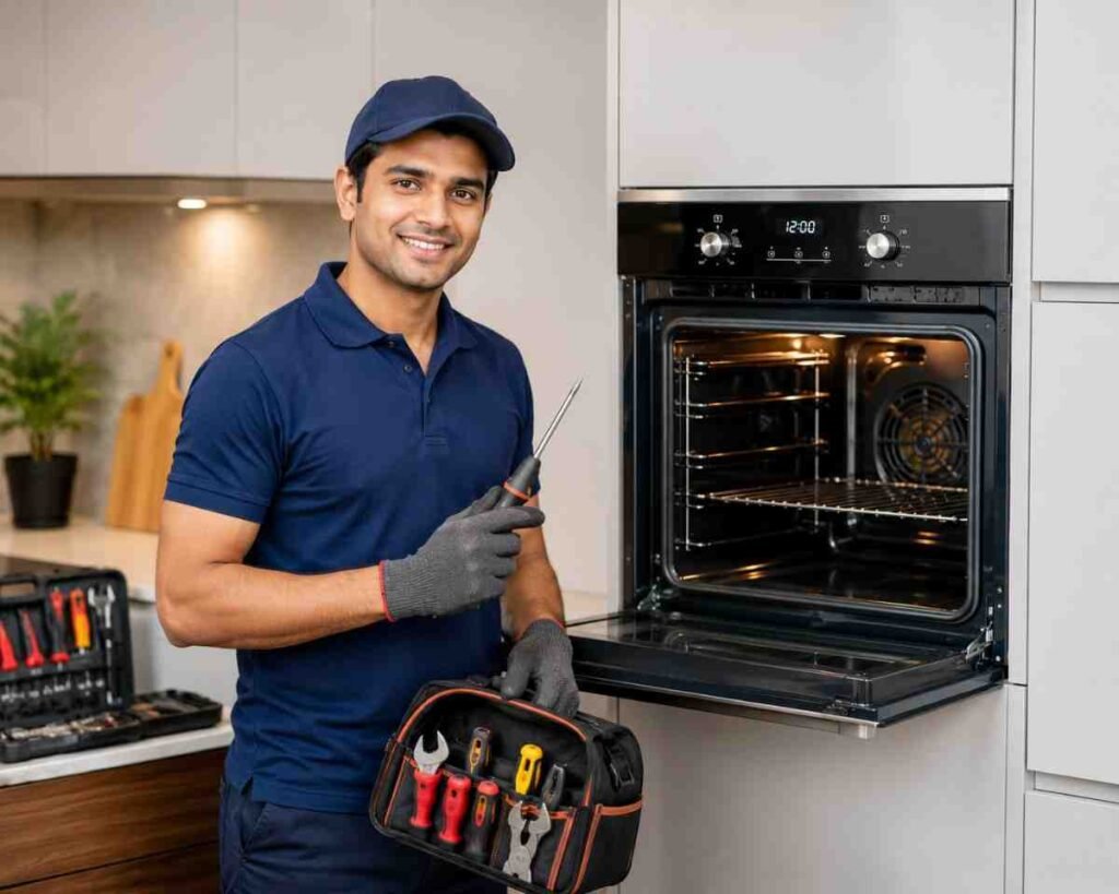 Professional Hafele oven technician with repair tools