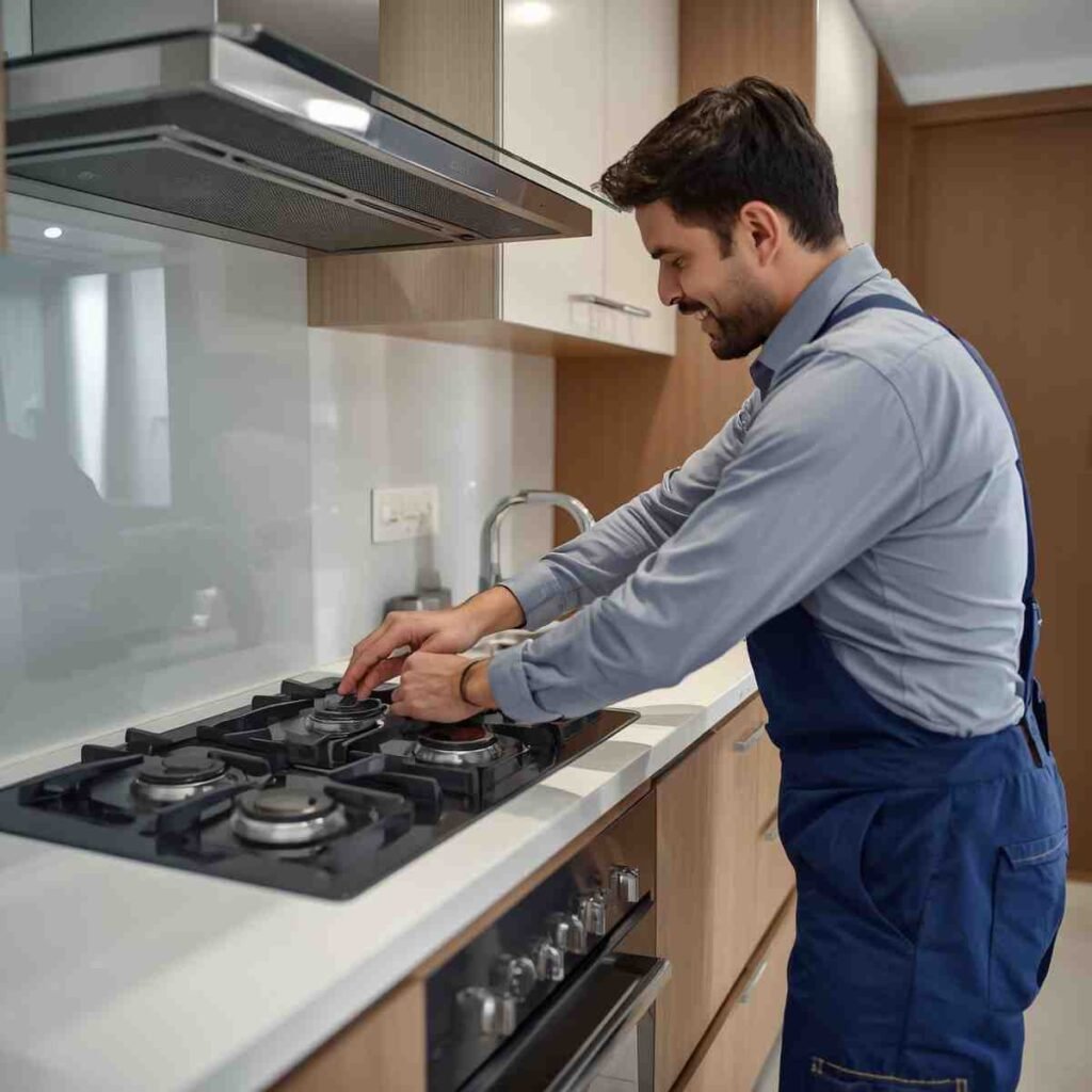 Professional engineer repairing a modern kitchen cooktop.