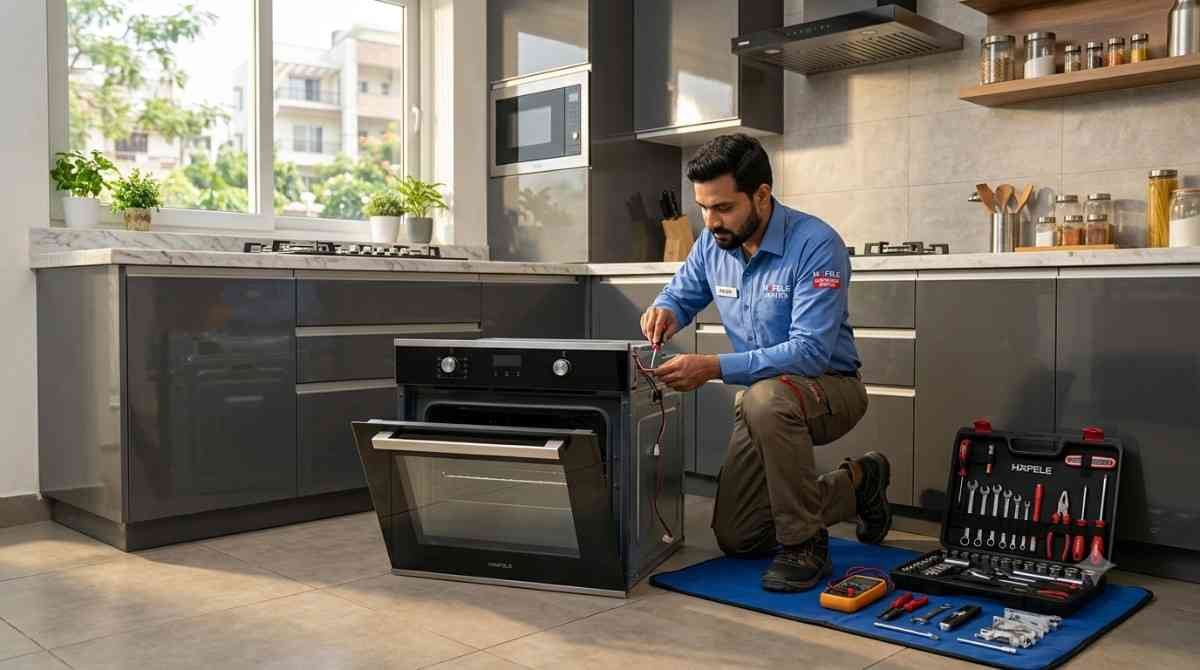 Hafele appliance repair technician servicing built-in oven in Bangalore home
