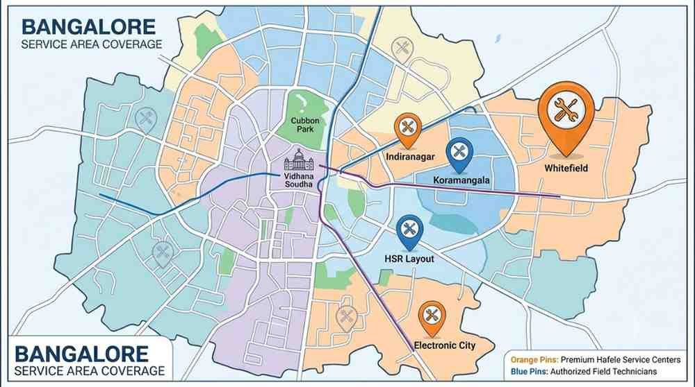 Hafele repair service areas covered in Bangalore including Whitefield Koramangala HSR Layout