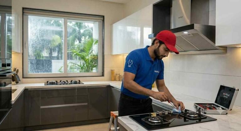 Engineer servicing Hafele gas hob in a modern Indian kitchen during monsoon.