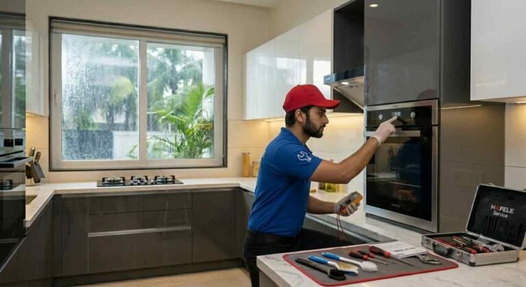 Appliance engineer inspecting Hafele built-in oven in a modern kitchen.