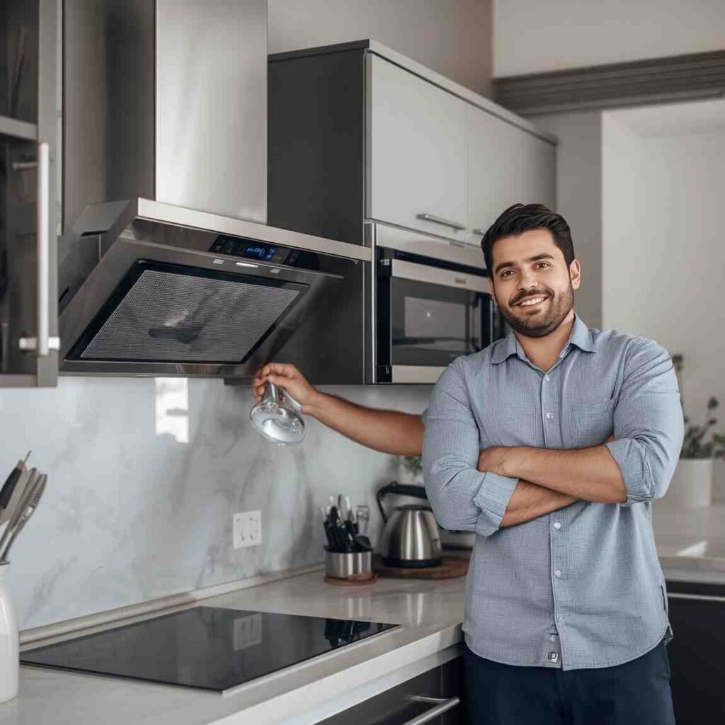 Hafele Chimney Repair in Surat Appliance repair engineer servicing a kitchen chimney in a modular kitchen.