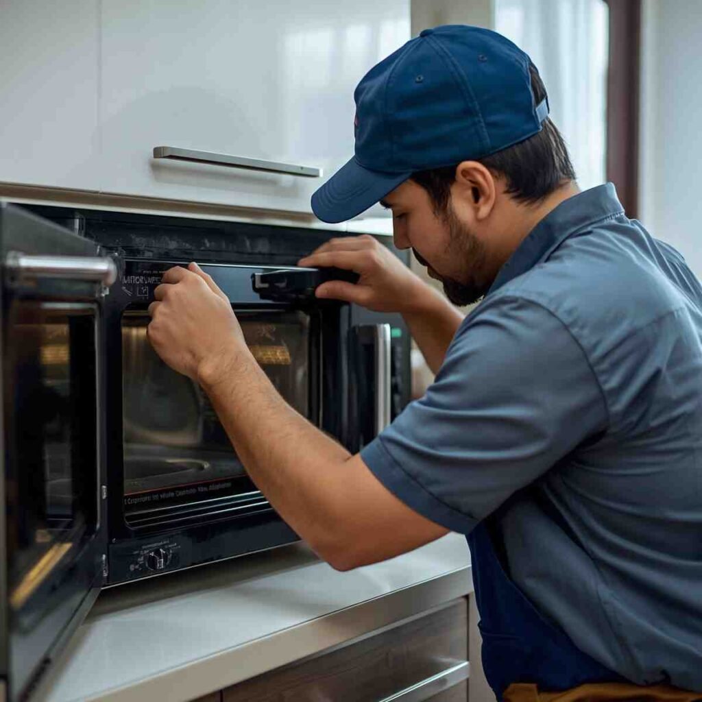 Professional technician servicing a microwave oven in a modern kitchen.